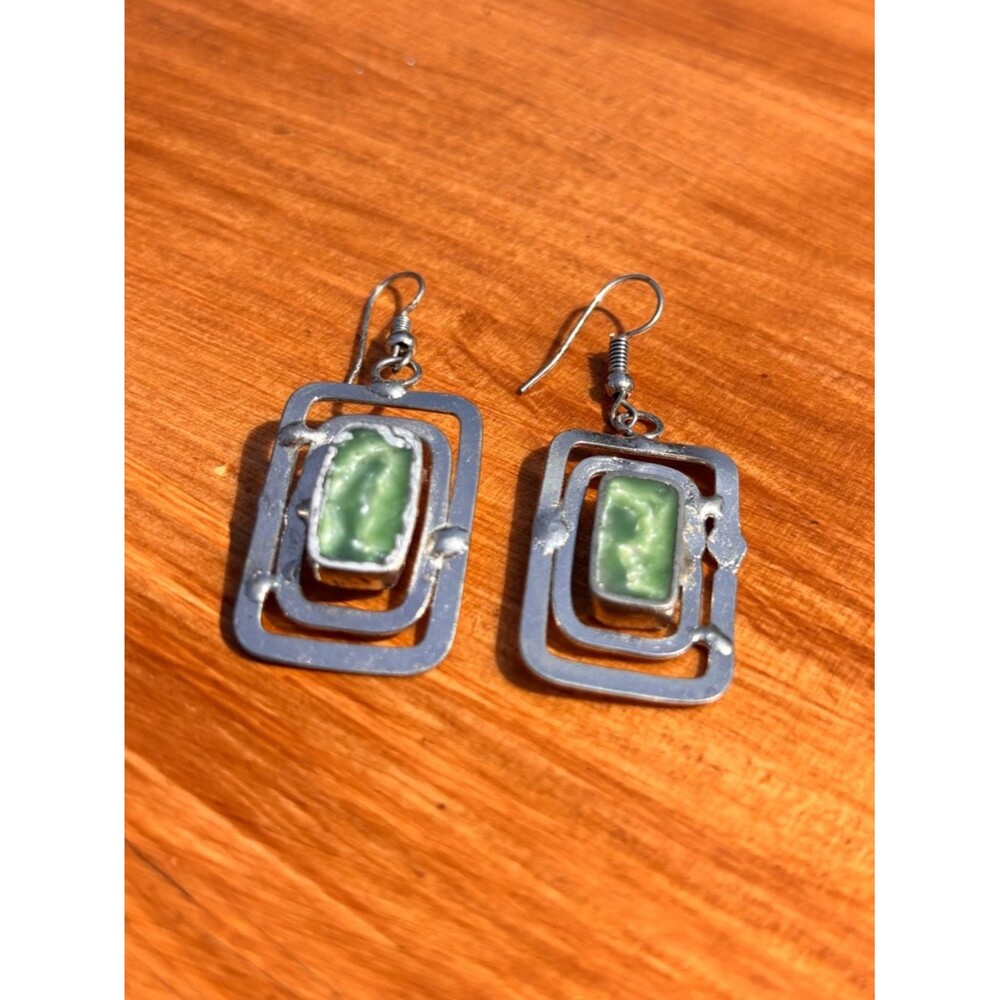 Vintage Earrings Rectangles Green Center